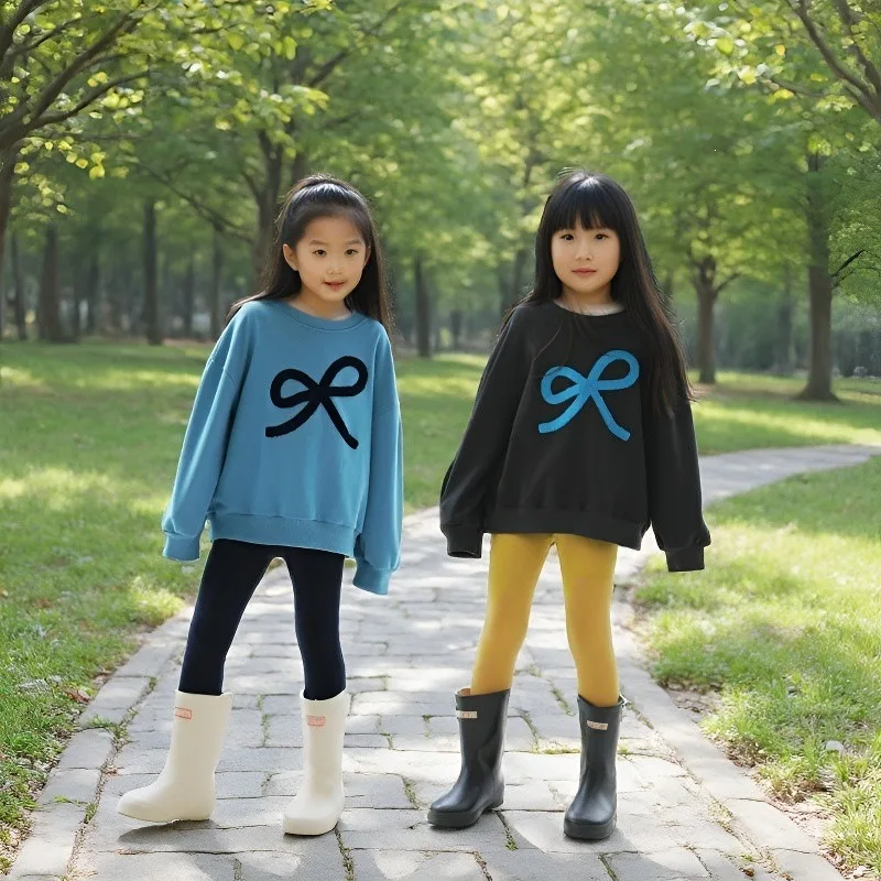 Spring and autumn round neck bow sweatshirt for girls, primary and secondary school children, Korean fashionable casual top