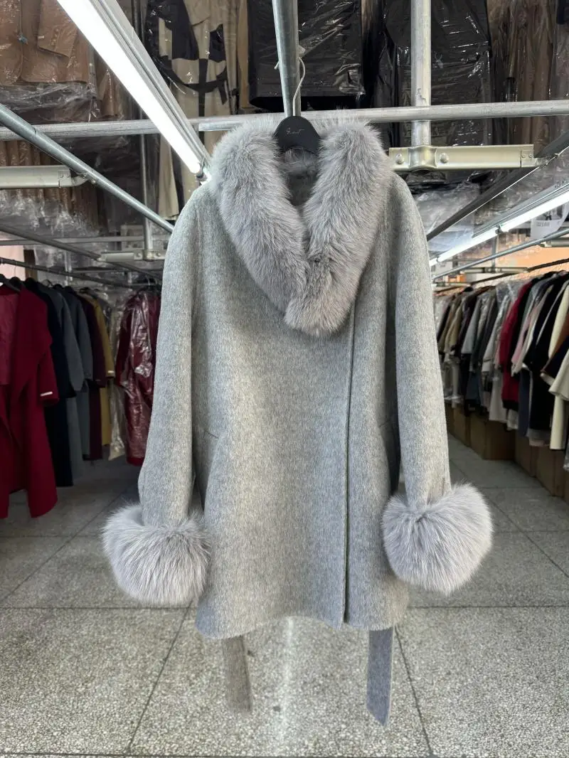 Winter New Style Real Fur Sleeve Women Coat Fox Fur Double-sided Woolen Overcoat Jacket for Women Long Sleeve Cardigan Wool Coat