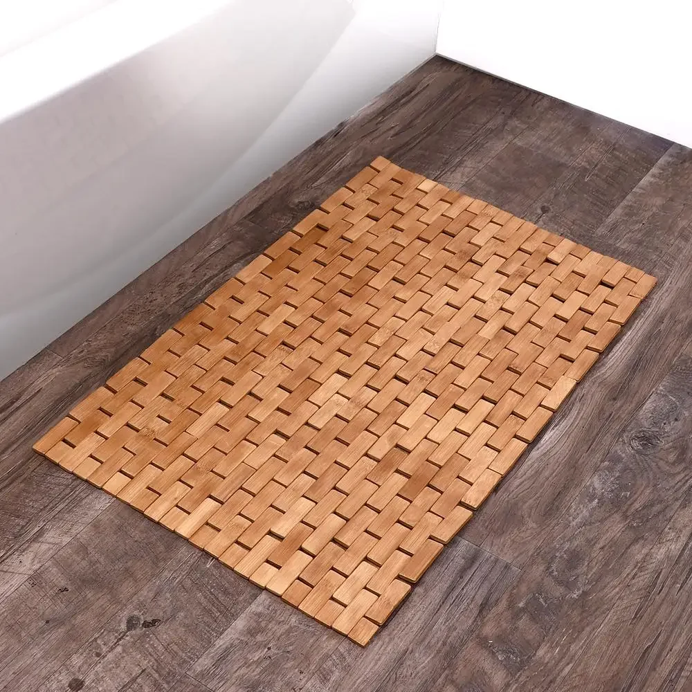 

Luxury Bamboo Tile Bath Mat 18"x30 Spa-Like Oasis Upgrade Water-Resistant Skid-Resistant Backing Tile-Pattern Design Natural