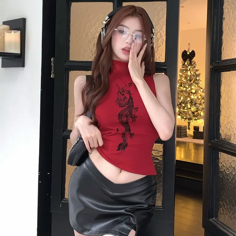 

Women's Turtleneck T Shirts Sleeveless Slim Red Printing Female Tops 2024 Spring Summer New Vintage Streetwear Y2k Clothing