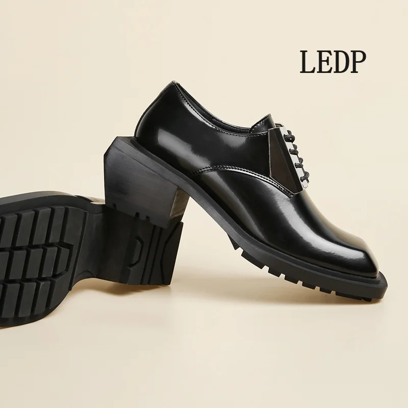 LEDP Brand Men British Derby Shoes 2024 New Trend Design Sense Metal Decorative Square Head Small Leather Shoes High Quality