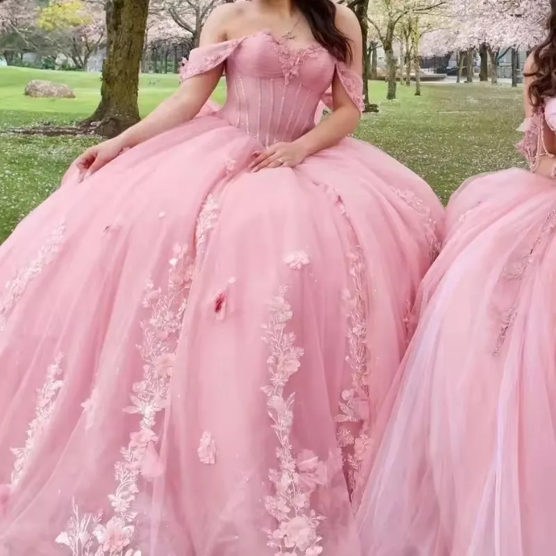 Personalizado rosa tule vestido de baile quinceanera vestidos com arco renda appliqued mexicano doce 16 vestidos de 15 anos