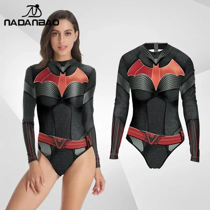 NADANBAO New 3D Printed Superheros Swimsuits Cosplay Batwoman Swimwear Long Sleeve Womens Rash Guard Swimming Surfing Shirt