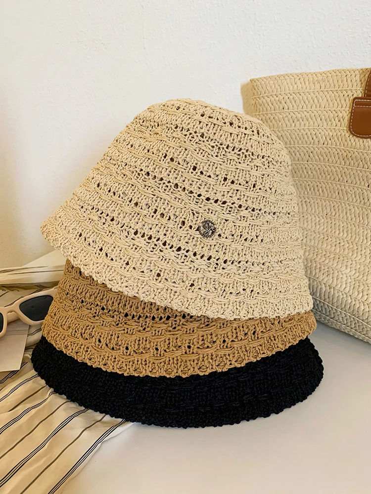 French hollow woven seaside straw hat women's summer sunscreen hat big head circumference foldable bucket hat