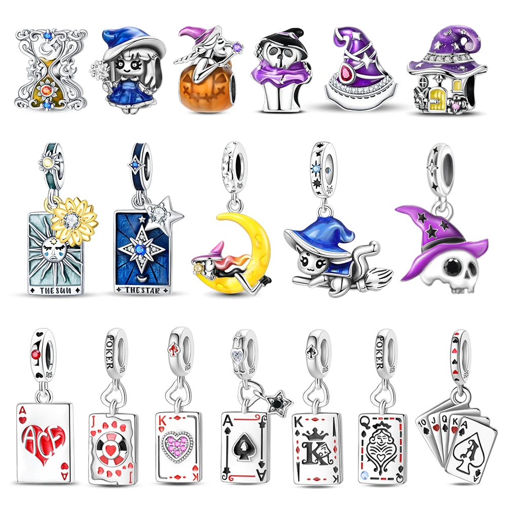 Mystérieux 925 argent Sterling sorcière et Tarot cartes à jouer breloque ajustement Bracelet à bricoler soi-même collier souhaitant pour un cadeau chanceux