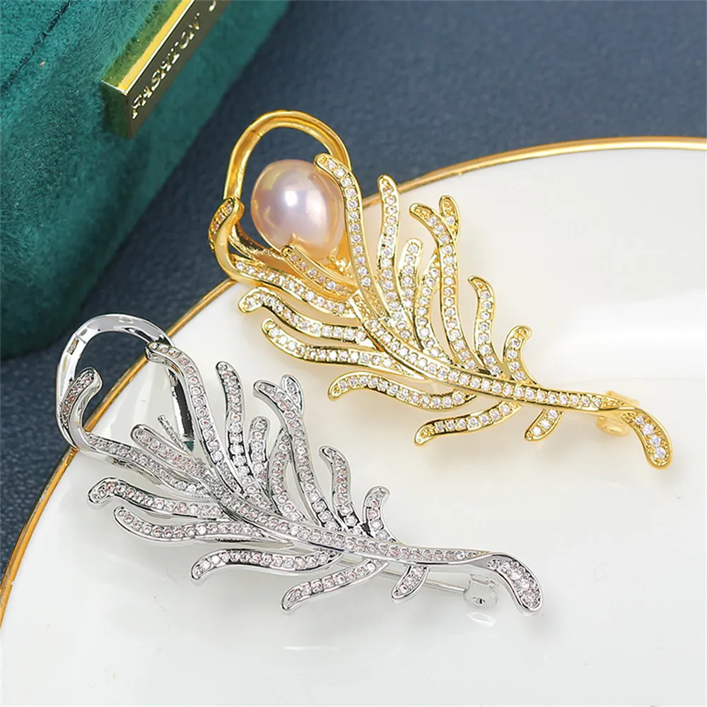 Feather Inlaid Zirconia Pearl Brooch Copper Plated Gold Inlaid Accessories Empty Support Corsage Accessories Female