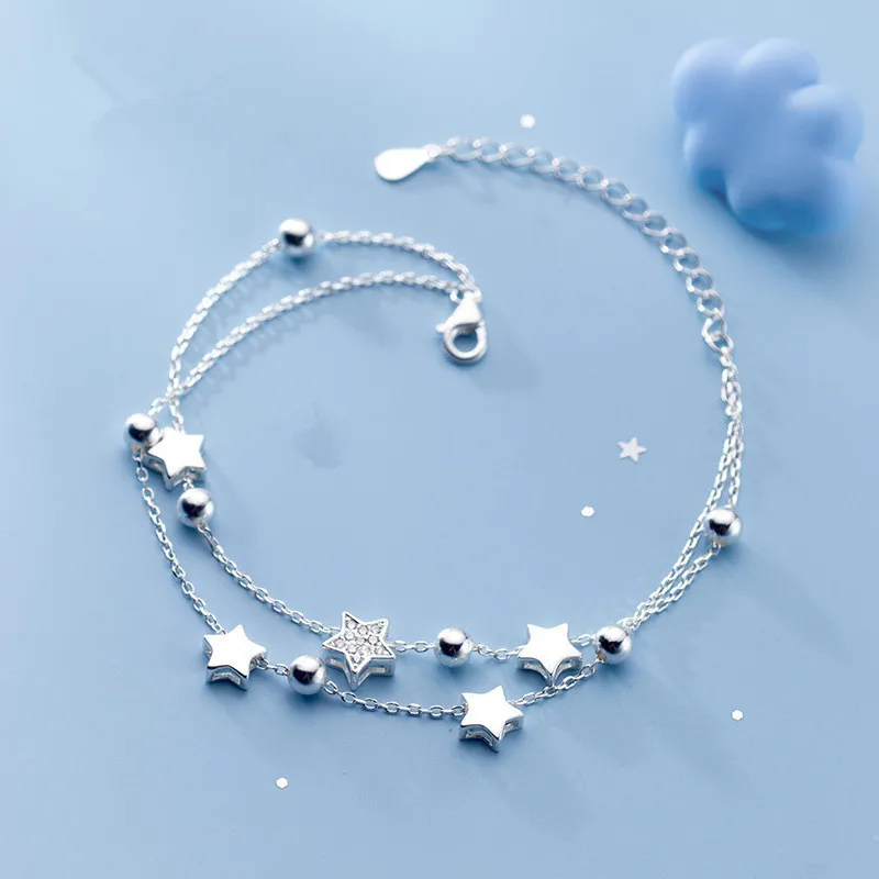 VENTFILLE 925 Sterling Silver Star Bracelet Fashion Korean Five-pointed Star Crystal Double Bracelet