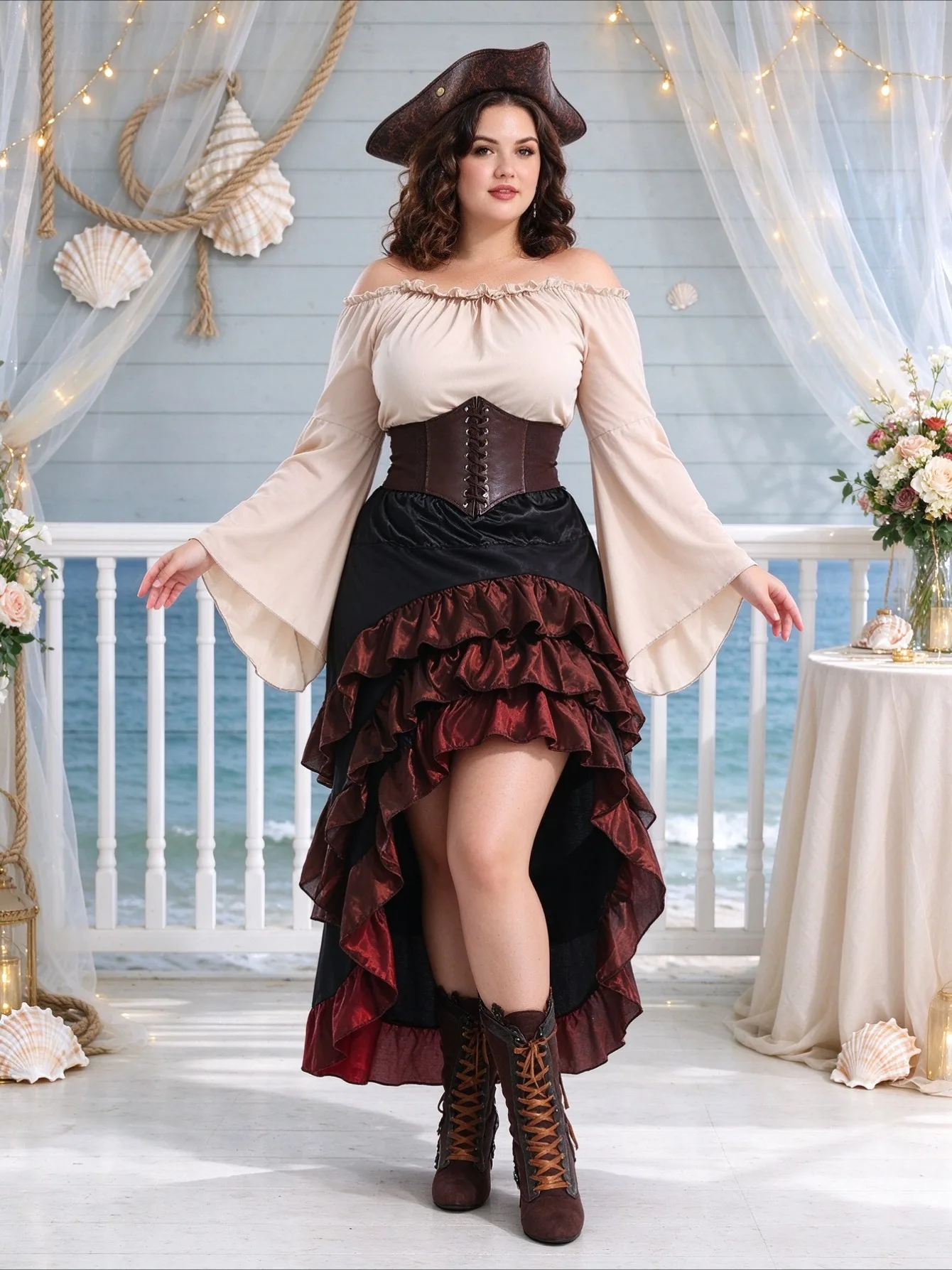 Medieval Style Navigator Cosplay Costume Pirate Irregular Corset Ruffle Long Skirt Outfit