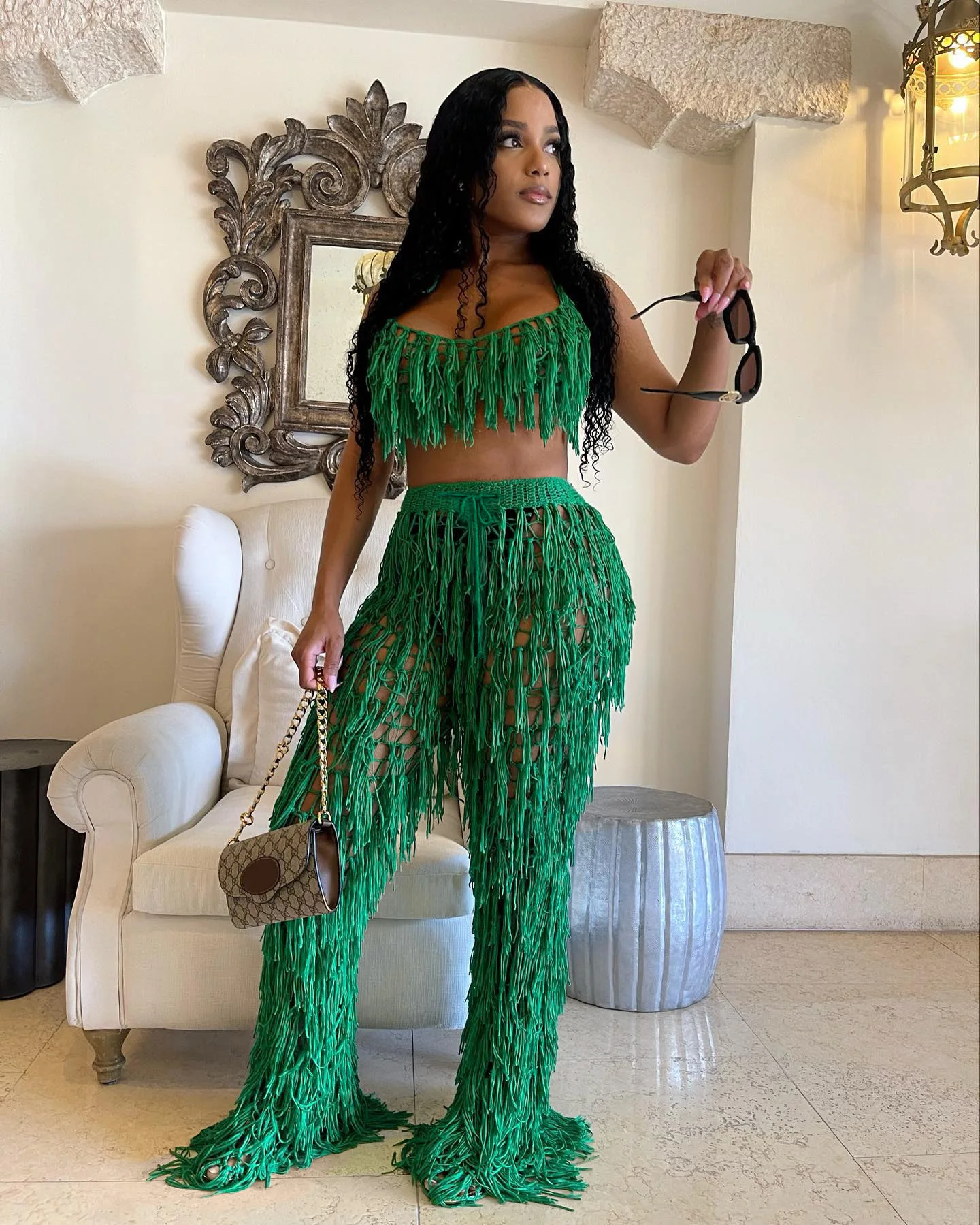 

Sexy Crochet Tassel Two Piece Sets for Women Beach Wear Fishnet Halter Lace Up Crop Top and Pants Holiday suit Outfit