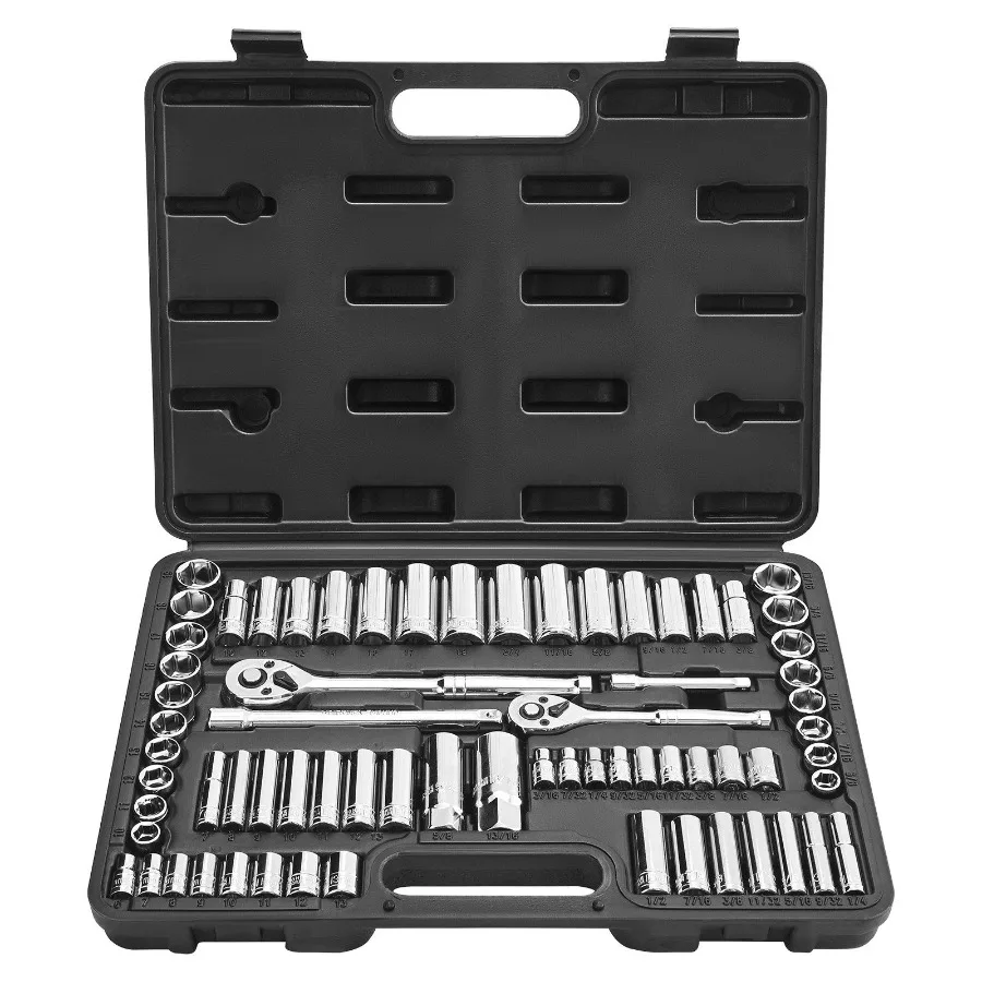 

Socket Set 69 Pieces 3/8 1/4 Inch Drive SAE and Metric Deep and Standard CR-V Alloy Steel with Accessories and Storage Case for