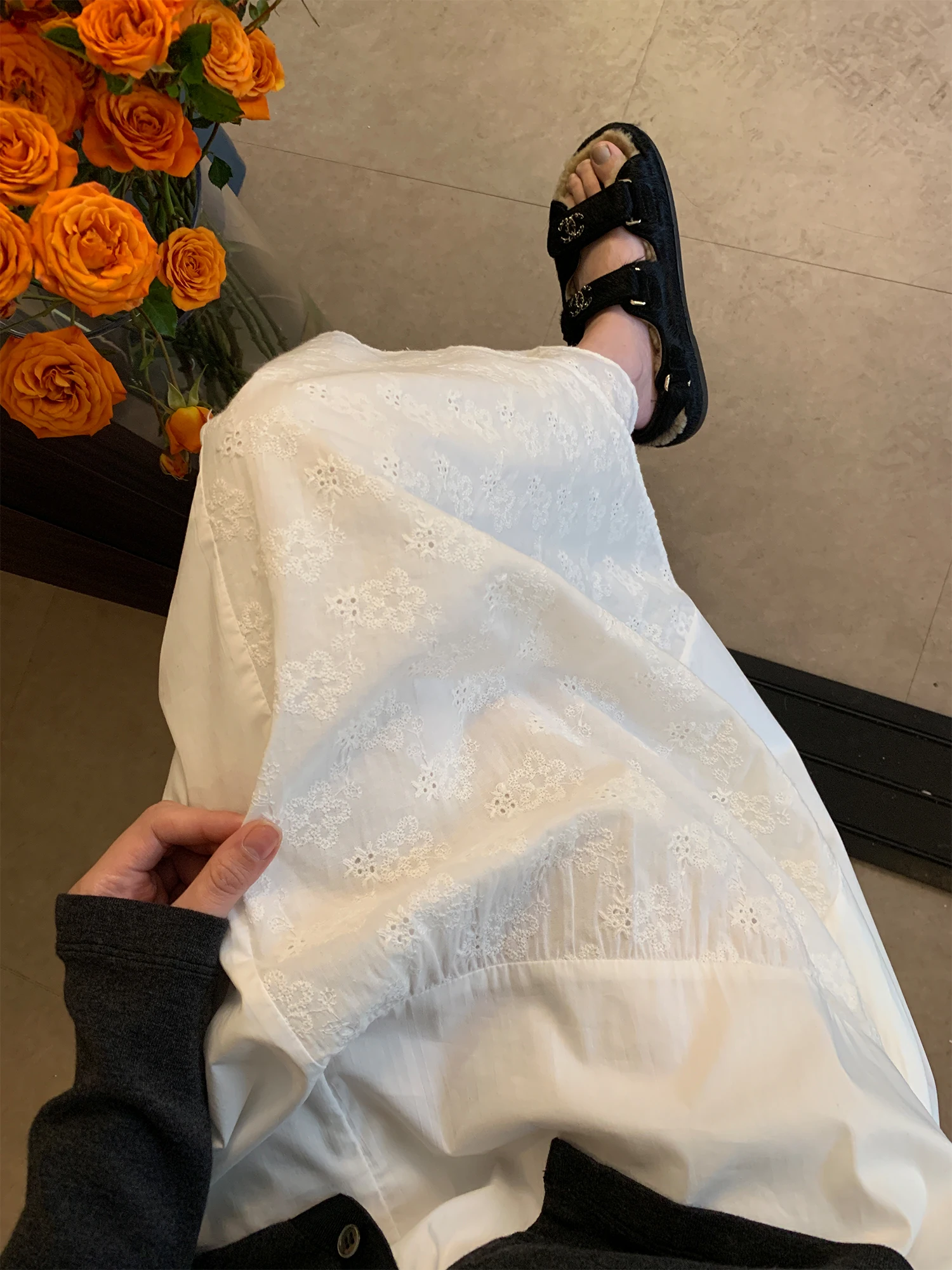 

Asymmetrical Lace Splicing Loose Midi Skirt for Women Casual High Waist A-Line Skirt Spring Season White Color Real Easy Brand