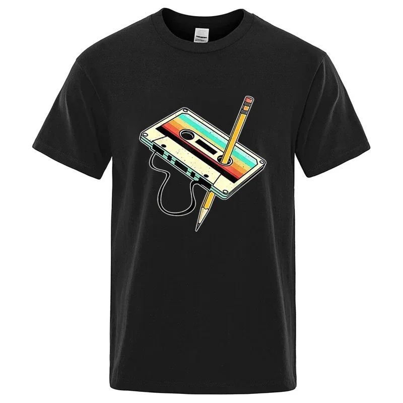 80s Nostalgia Cassette Pencil Graphic Tee Retro Music Unisex Short Sleeve Cotton Blend Vintage Y2K Streetwear Tshirt Men Women