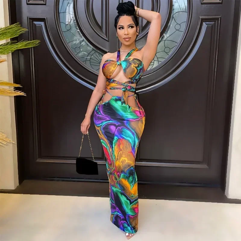

GUWU Tie Dye Wave Women Summer Beach Maxi Two Piece Set Outfits Halter Neck Crop Top and Bodycon Midi Long Skirt Suit