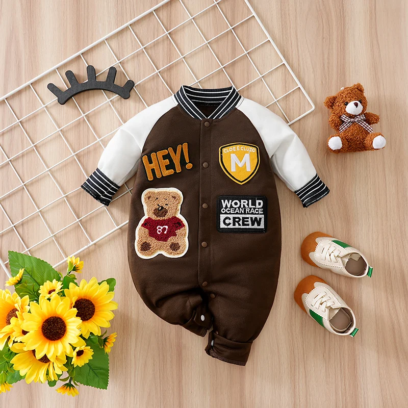 

Autumn and Spring Newborn Boy Girl Baby Costume Romper Color Blocking Cute Bear Casual Cartoon Long Sleeve Knitted Onesie Soft