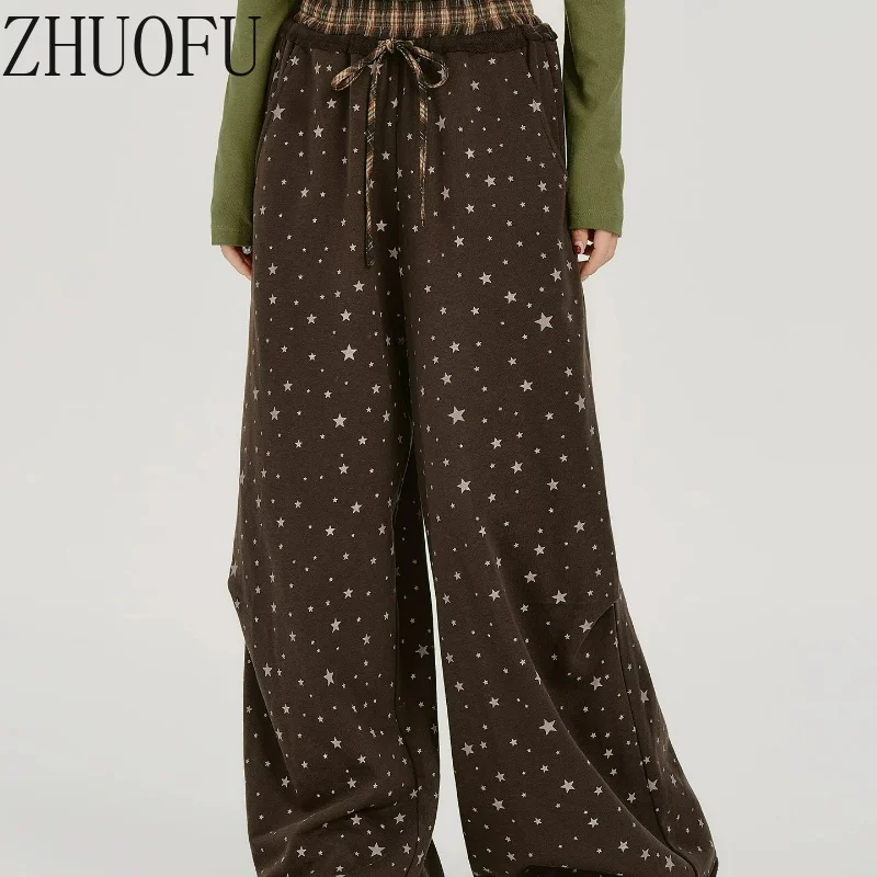 American Retro Women's Long Trousers Sweet Cool Star-printed Straight Casual High Waist Thin Versatile Wide-leg Pants Autumn New