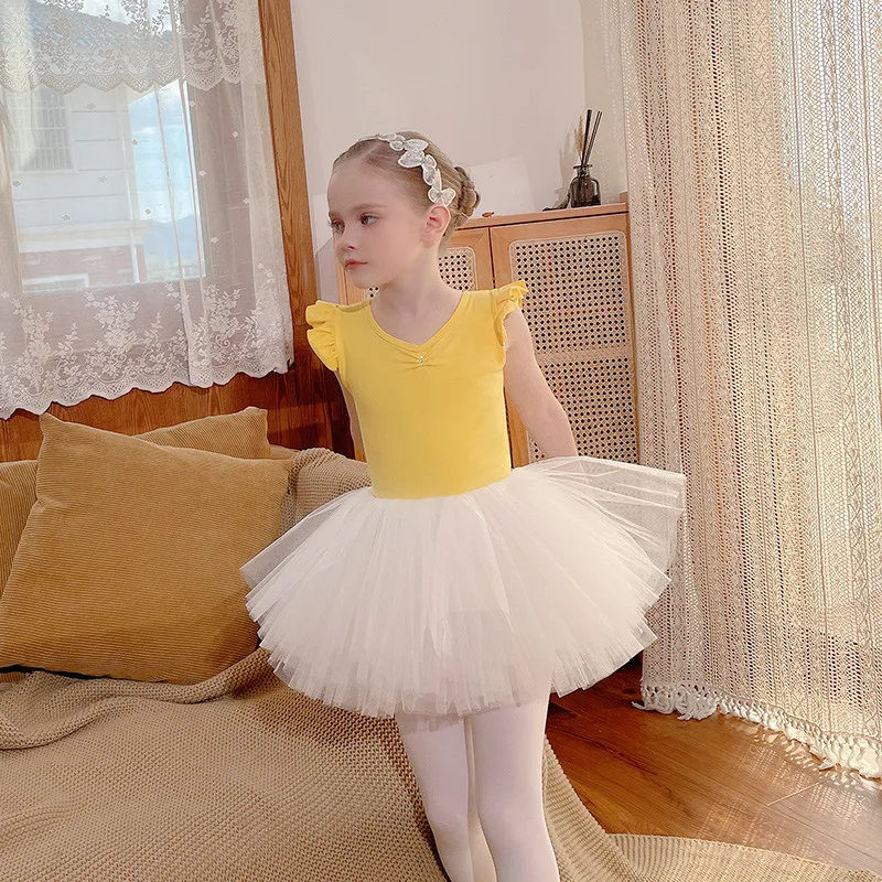 

Girls Yellow Long Sleeve Practice Wear Autumn Kids Dance Wear Dance Toddler Ballet Skirt Two Piece Set