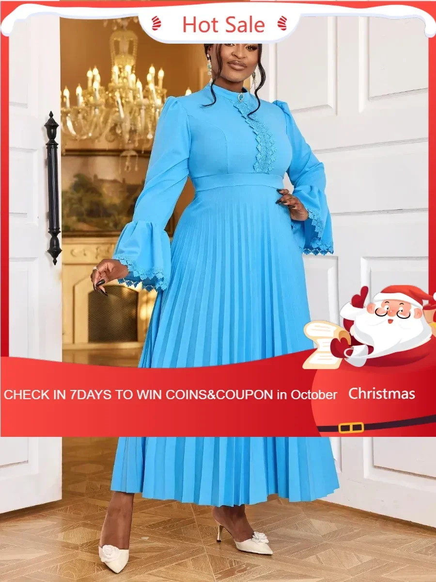 

Women Blue Maxi Dress Stand Collar Long Flare Sleeves Lace Patchwork Elegant Pleated A-Line Church Evening Banquet Party Gowns