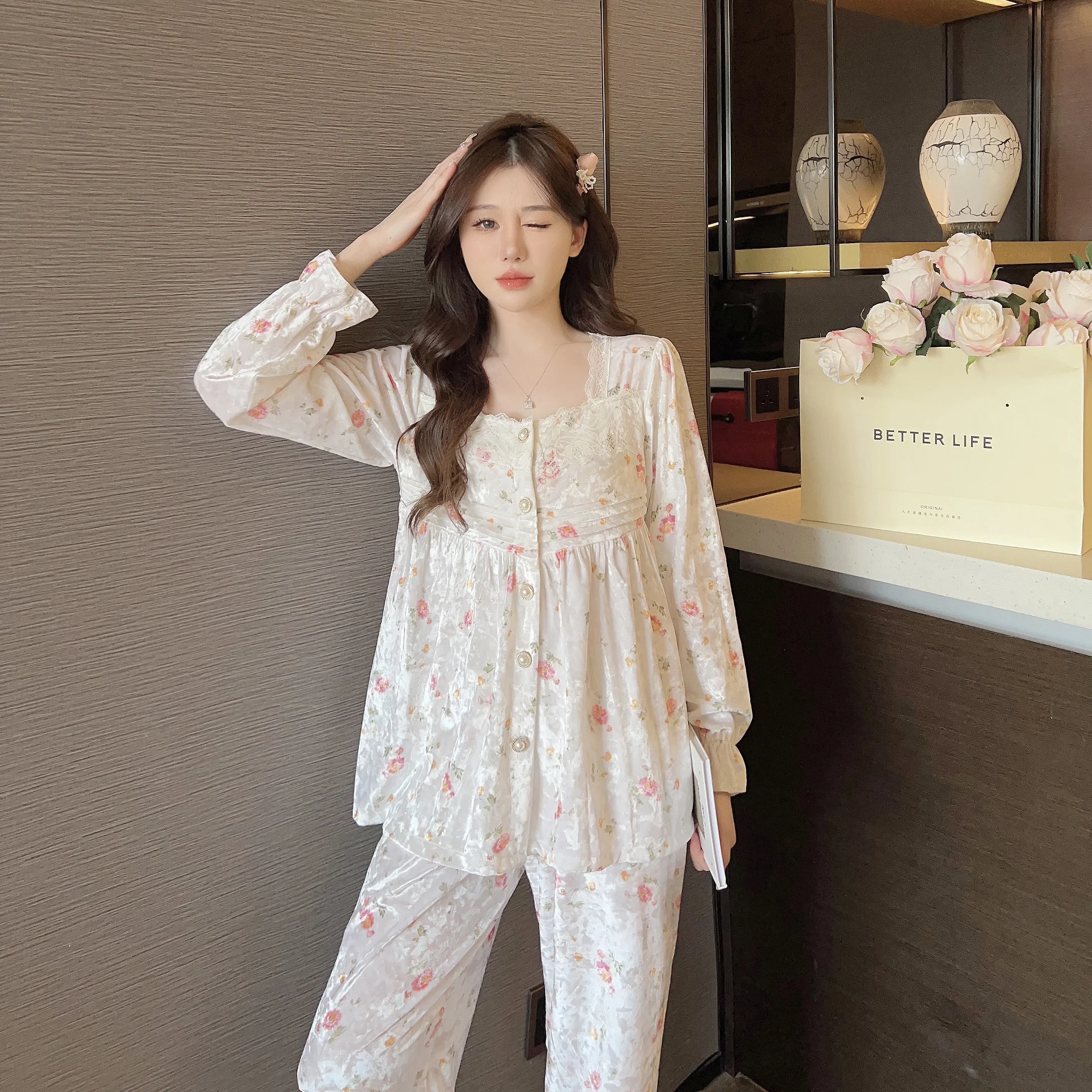 パジャマセット寝間着女性韓国スタイル桜プリント綿ナイトウェア甘い花柄半袖カプリパンツイン