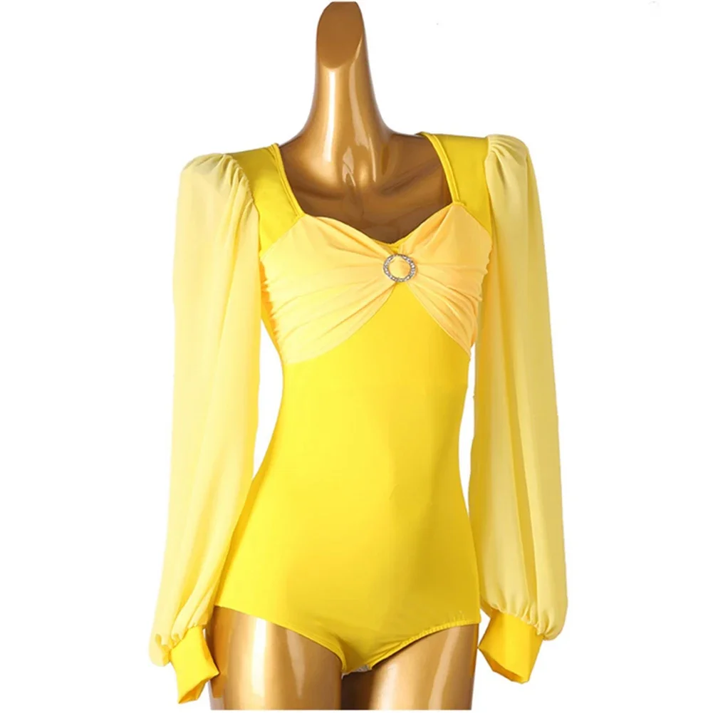 ملابس الرقص النسائية قميص ملابس الرقص اللاتينية المرأة ساحة الرقبة الجسم أعلى كم طويل أصفر سامبا جديد التانغو وصول جديد