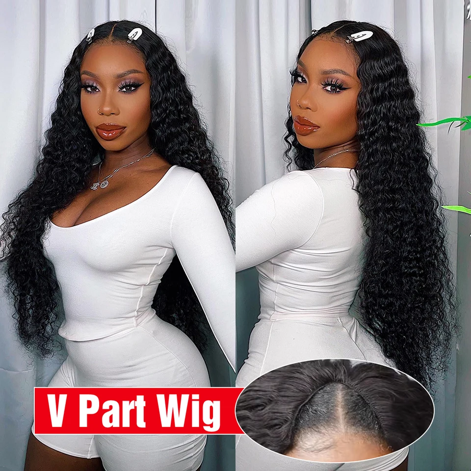 250% V Part Wig Human Hair 100% No Glue Upgrade U Part Deep Wave Curly Human Hair Wigs For Women High Density Machine Made Wig