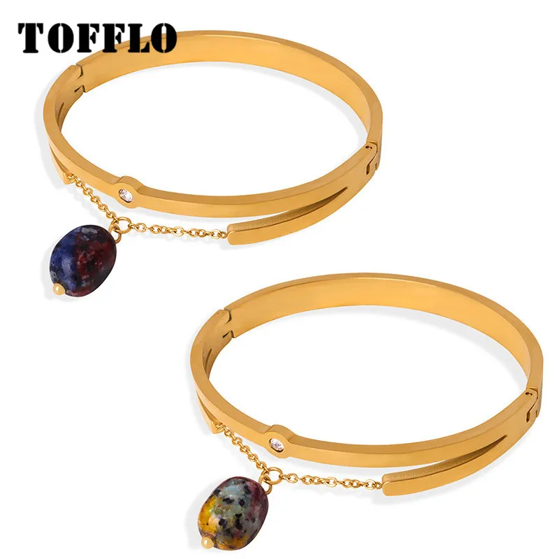 TOFFLO Stainless Steel Double Layer Jewelry Inlaid With Zircon Splicing Chain Natural Stone Pendant Bracelet BSZ307