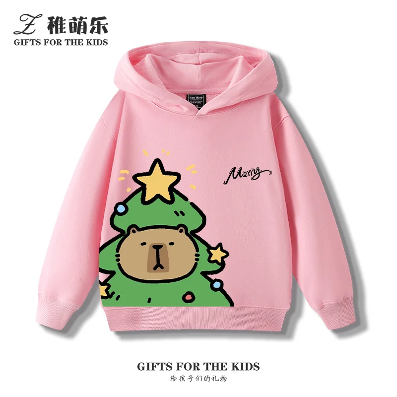 

Fall and winter new cute Christmas capybara print children's fashion hooded sweatshirt boys girls casual comfortable warm hoodie