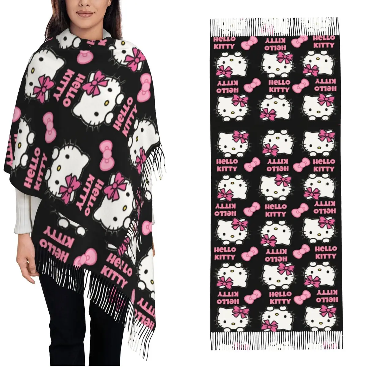 وشاح نسائي الدفء مرحبا كيتي القوس أغطية الرأس الأوشحة مع شرابة طويلة شال شعبي يلتف الشتاء الرسم Bufanda