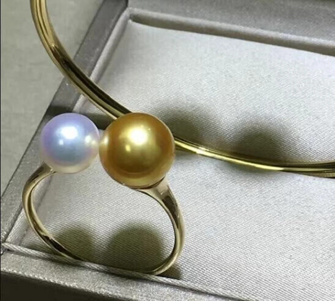 Gorgeous HUGE AAAAA 8-9mm  10-11mm Natural Round South Sea Golden Pearl Ring 925s.