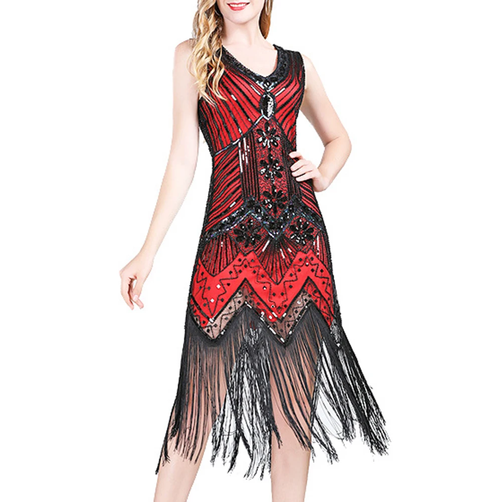 

Dance Dress 1920s Vintage Flapper Great Gatsby-Party Dress V-Neck Sleeveless Sequin Beaded Style Style Tassel Flapper Vestidos