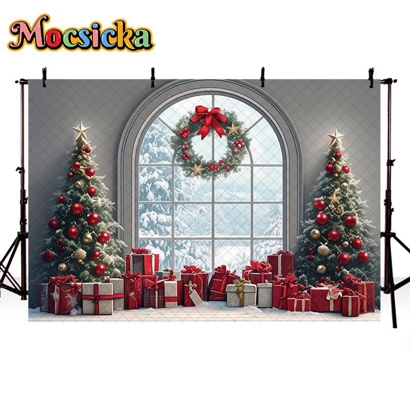 Mocsicka Winter Christmas Indoor Window Backdrop Kids Adult Photography Props Xmas Tree Gift Box Decor Photo Background Studio
