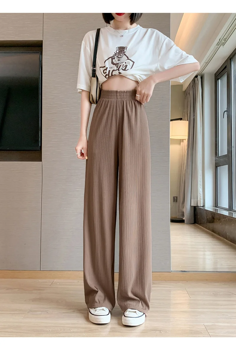 Damen-Hose aus Eisseide mit weitem Bein, Sommerhose mit hoher Taille und vertikalen Streifen, lockere, gerade geschnittene Hose in Bodenlänge, lässige, kühle Hose, schmale Passform. – Detail 4