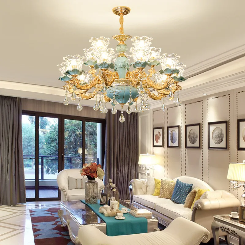 European-Style Ceramic Retro Atmospheric Chandelier For Living Room Bedroom Model Room Villa Duplex Floor Chandelier