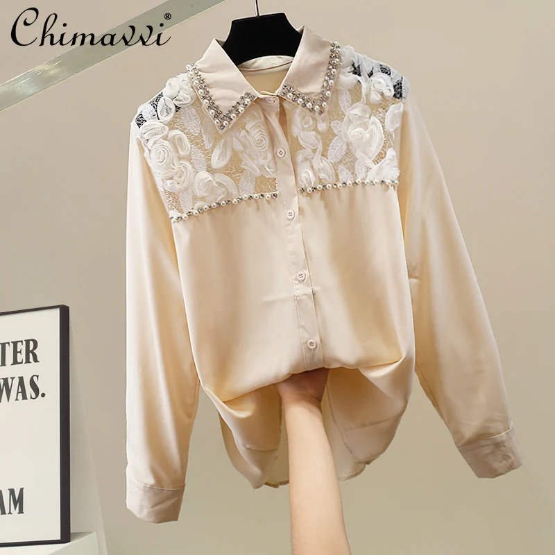 2025 Autumn Clothes New Korean Fashion Heavy Beaded Floral Patchwork Shirt Loose Elegant Long Sleeve Women's Blouse Tops