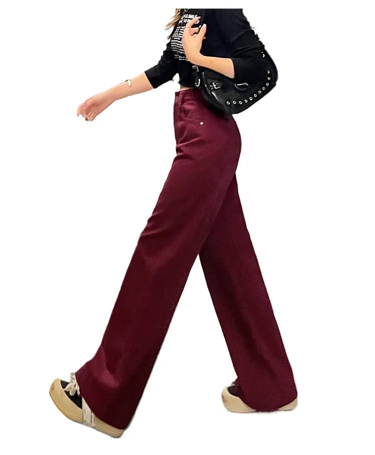 Calça jeans vermelha Ancola simples e confortável de pernas largas. Nova moda feminina primavera e outono baggy cintura alta perna reta jean