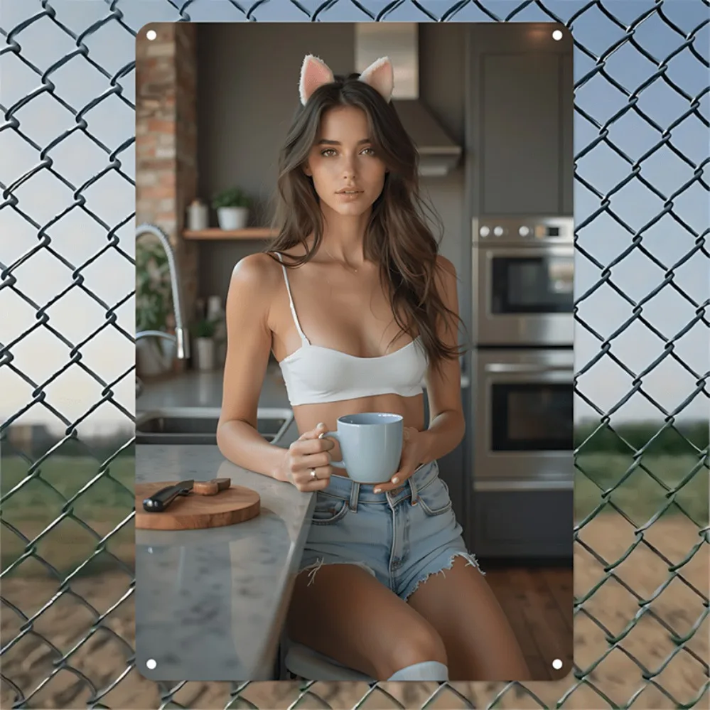 طباعة فنية للديكور ثنائية الأبعاد على الطراز الأوروبي - ملابس داخلية بيضاء على شكل أذن قطة ومشهد المطبخ مقاس 7.9 × 11.9 بوصة هدية غير مؤطرة