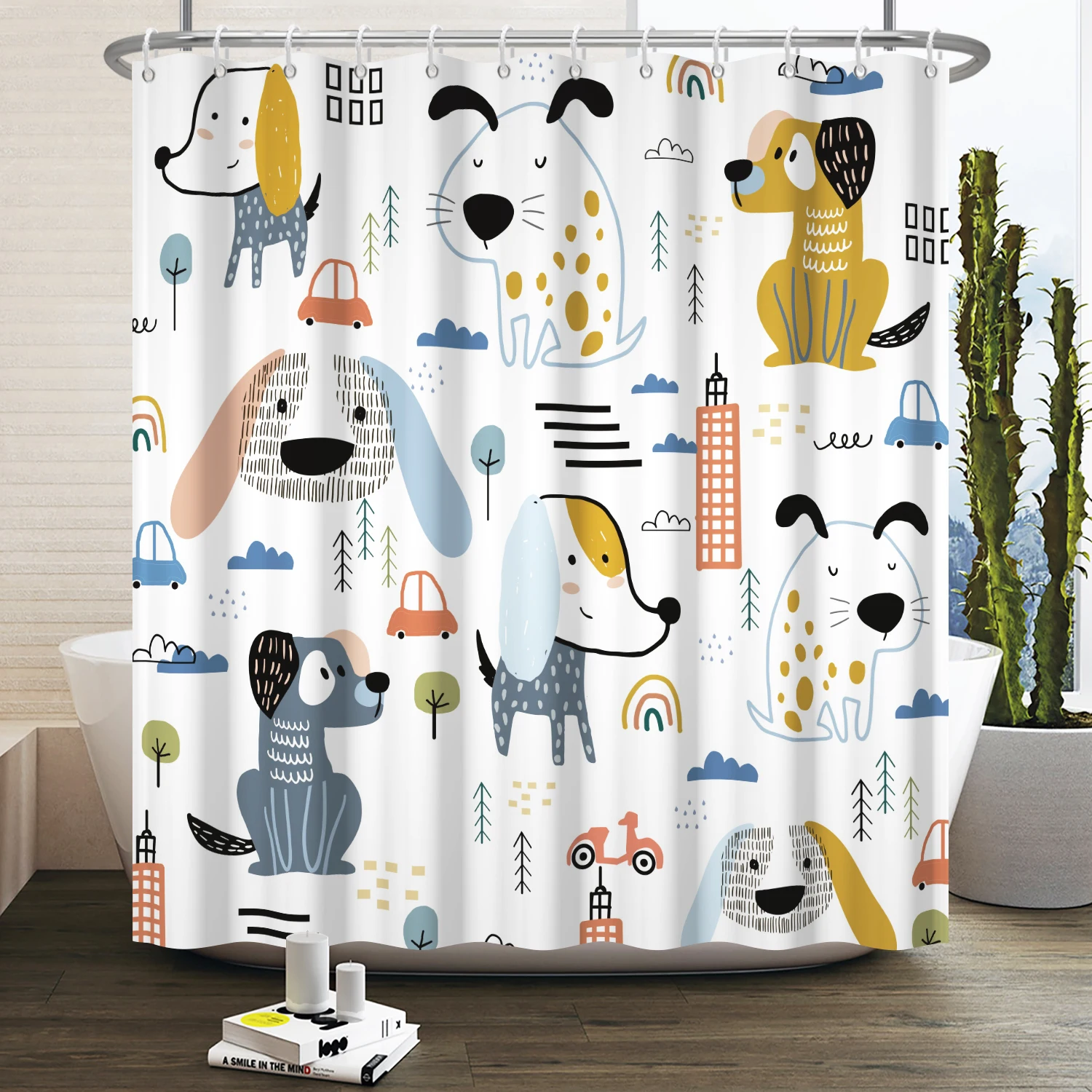 Cartoon Cat Shower Curtain Funny Animal Cute Cat Dog Kids Print Waterproof Bath Bathroom Shower Curtains Decoration with Hooks