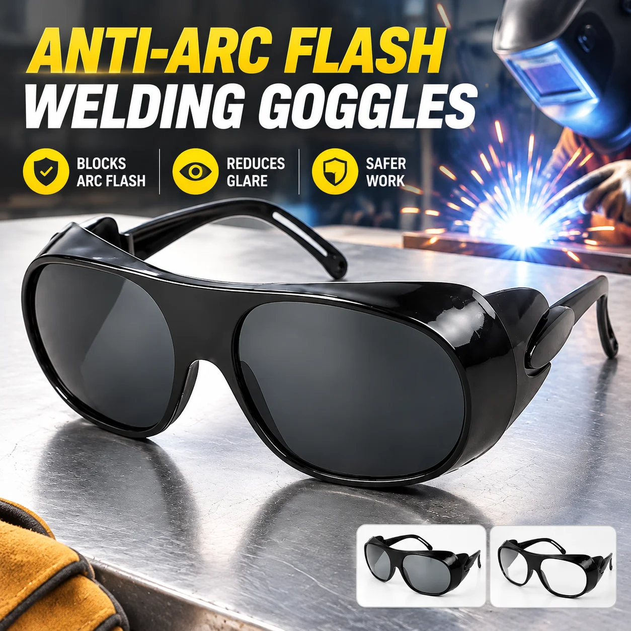 Anti-Arc Flash Welding Goggles for Welder, Anti-Glare Plain Lens Safety Spectacles, Cutting Grinding Eye Shield Eyewear