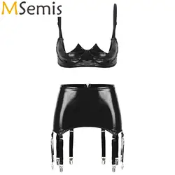 Womens Patent Leather Lingerie Set Club Wear Brassiere V-Notch Underwired Exposed Navel Bra Tops with Metal Clips Garters