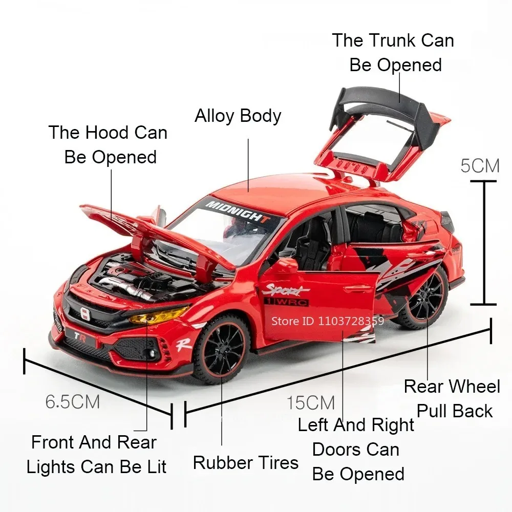 1:32 CIVIC TYPE-R Modelli di auto giocattolo Pressofuso in lega Mini veicoli Suono Luce Porte aperte Tirare indietro Ornamento Giocattoli per i regali dei bambini