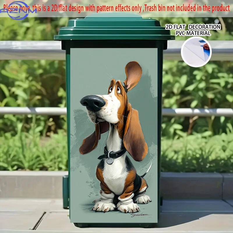 2D Flat Printing 1pc 2D Pattern Printed Kitchen Trash Can Sticker , Adorable Basset Hound Theme Kitchen Home Decor Wallpaper,