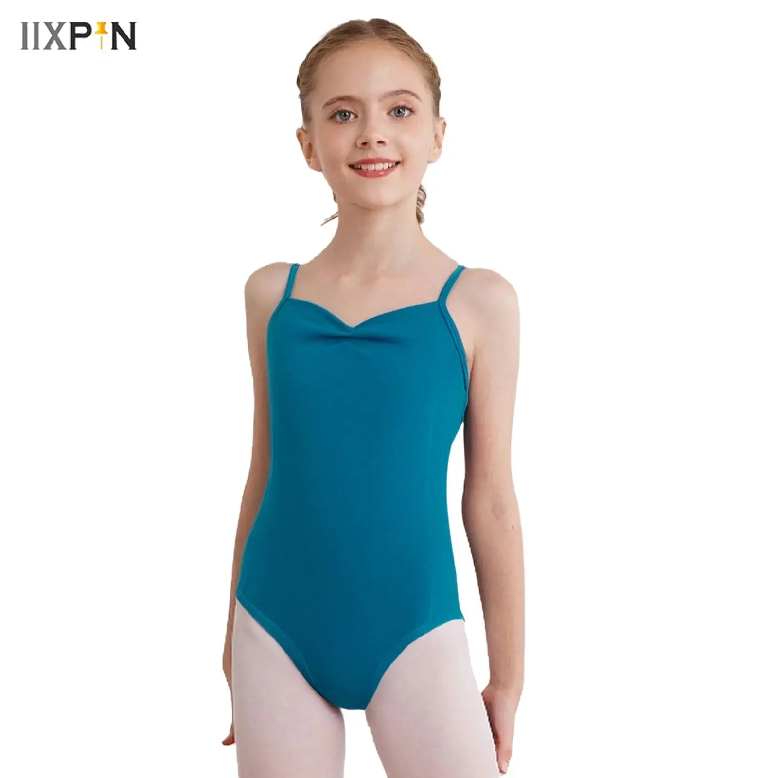 

Girls Ballet Leotard Sleeveless Adjustable Spaghetti Straps Ruched Backless Dance Bodysuit for Gymnastics Practice Performance
