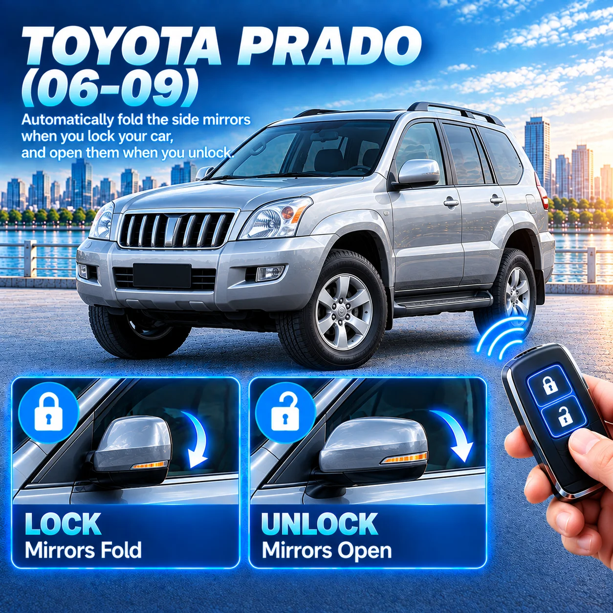 Suitable for Toyota Prado (2006–2009) rearview mirror folding module retrofit: folds upon locking, unfolds upon unlocking.