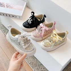 2024 Autumn New Children's Board Shoes Korean Edition Fashionable Thick Sole Girls' Princess Simple Diamond Bow Casual Shoes