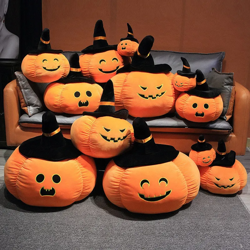 Halloween Pumpkin Fluffy Plush Toy Horror Wizard Hat Pumpkin Plush Pillow Decorative Couch Lantern Cuddly Gift Holiday Decor