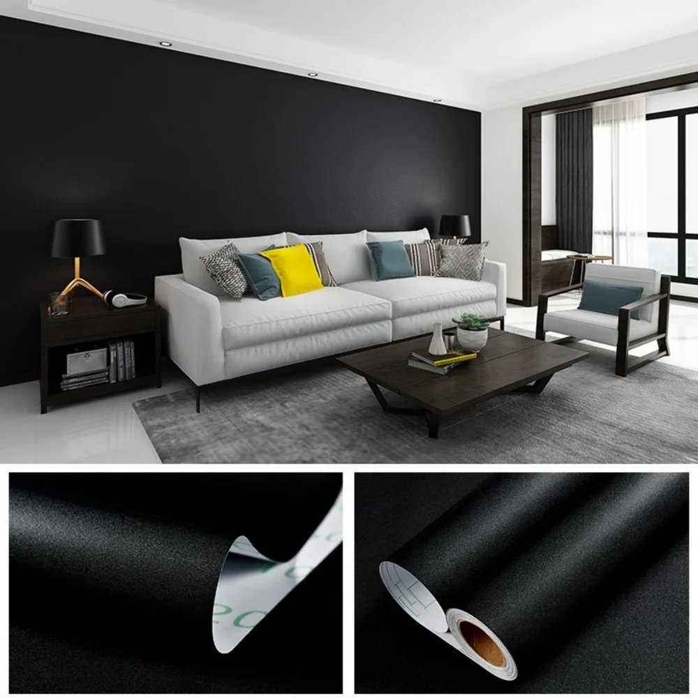 40cm Width Self Adhesive Wallpaper Black Matte Vinyl Removable Decor Living Room Bedroom Table Furniture Wall Sticker Paper