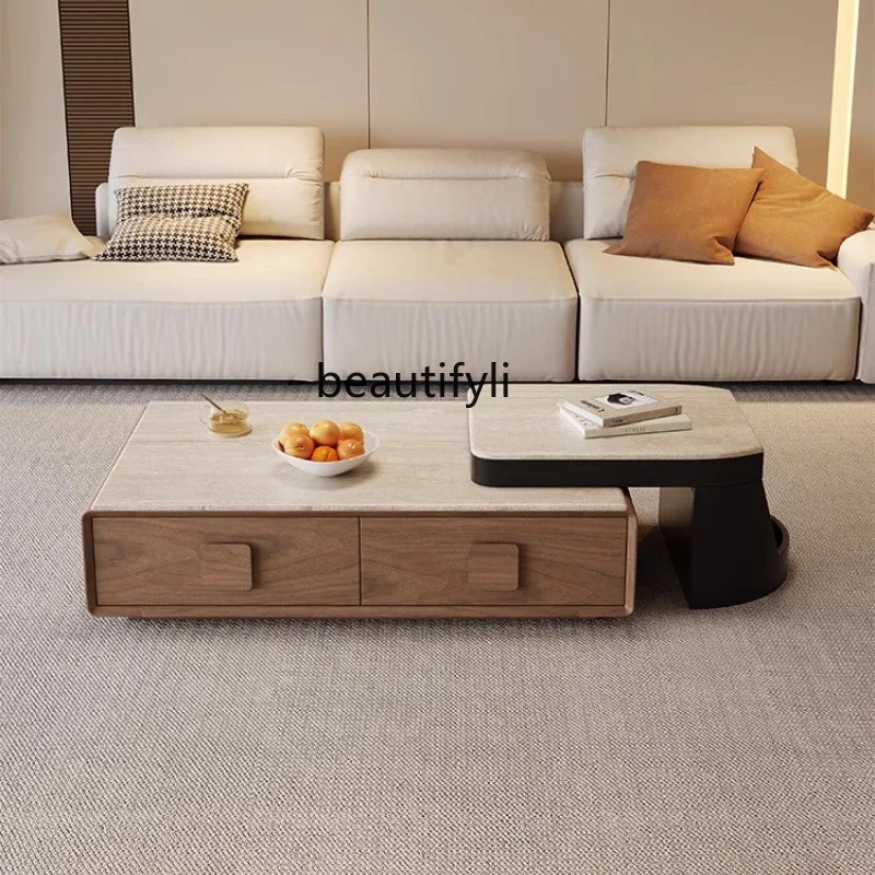 

ss1001 Medieval travertine solid wood coffee table living room household cream wind rock slab small apartment modern high sense