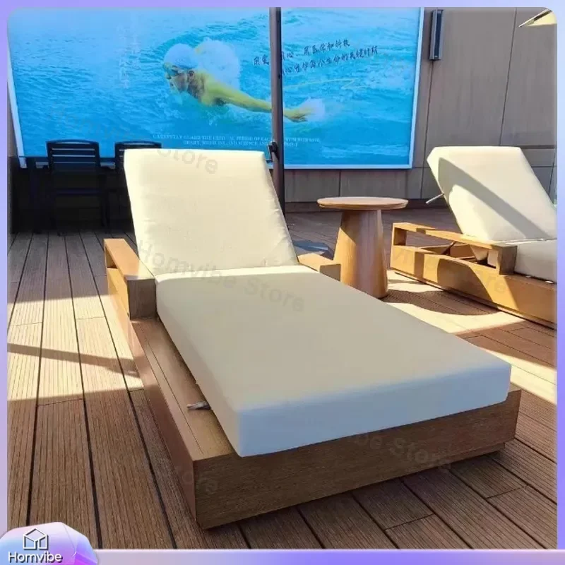 Outdoor Teak Lounge Chair Waterproof Solid Wood Beach Chaise Longue for Pool Villa Hotel Garden Patio Furniture Sunbed