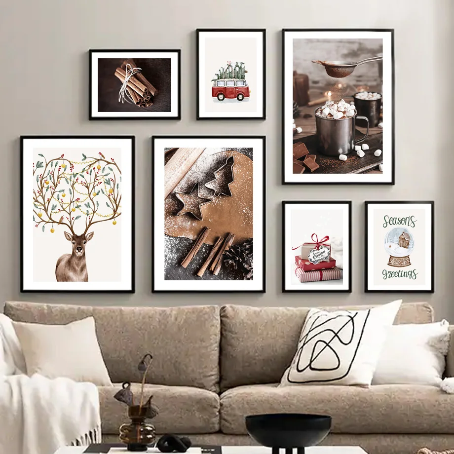 Globo de nieve de Navidad, ciervo, pan de jengibre, furgoneta de Chocolate, carteles, lienzo impreso minimalista, pintura, arte de pared para decoración para sala de estar