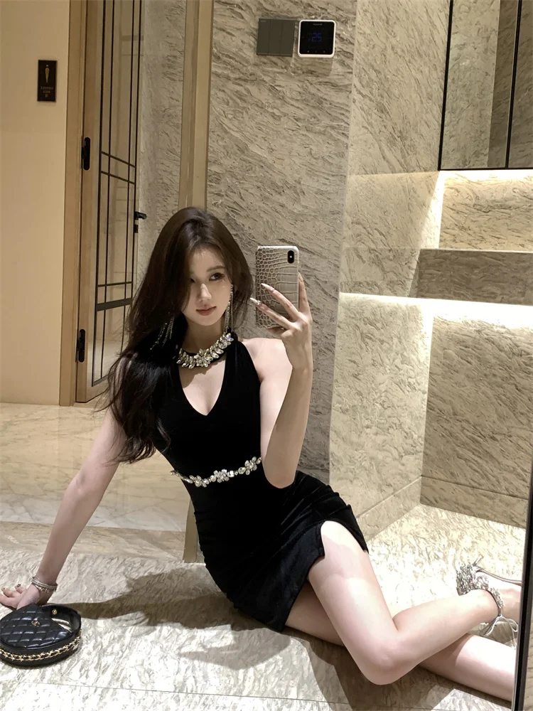 Sweet Hot Girl Diamond Sleeveless Backless Wrap Hip Dress Women's Spring Pure Sexy Slit Slim Short Velvet Dress Female Clothes