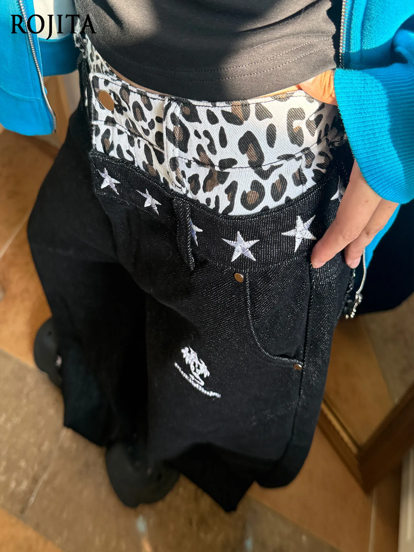 

American Retro Dark Star Leopard Print Wide-leg Double Waist Jeans Design Scimitar Pants Cargo Pants Women Baggy Jeans